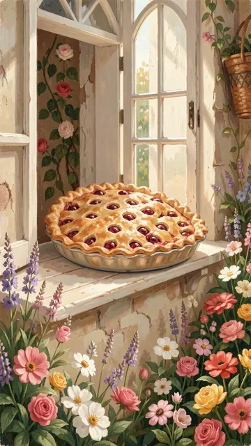 Golden cherry pie cools on an open weathered windowsill overlooking a blooming flower garden