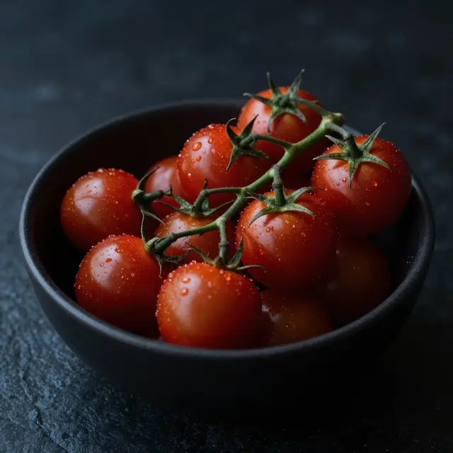 Wet cherry tomatoes on the vine sit in a matte black ceramic bowl on a dark textured surface