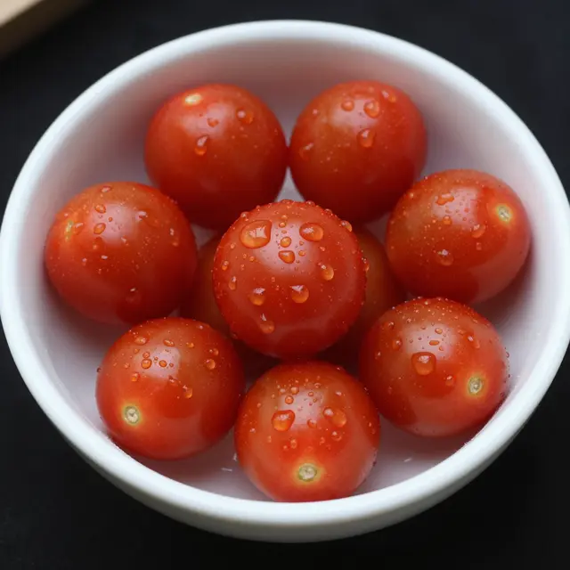 Top down view of bright red cherry tomatoes with water droplets in a white ceramic bowl