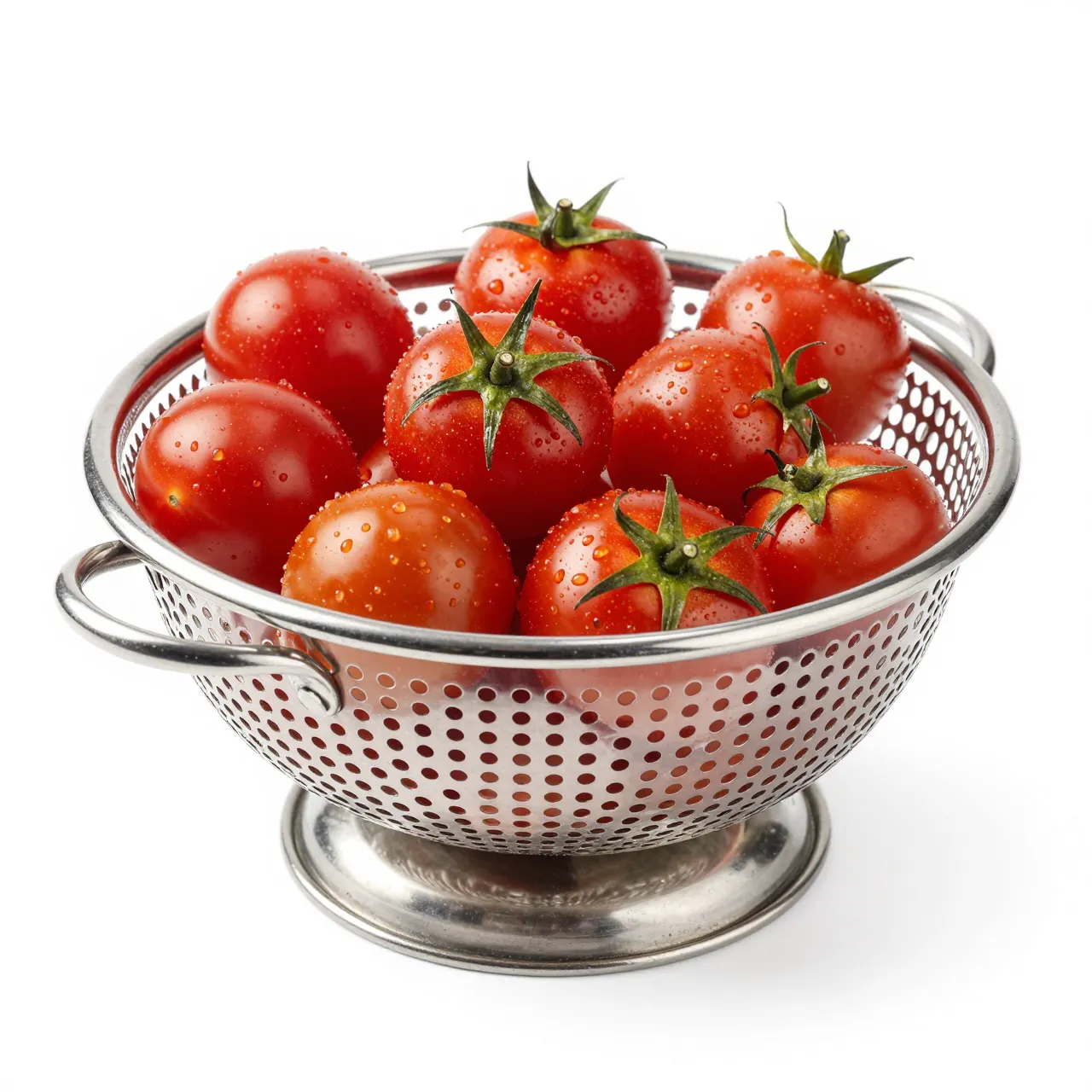 Wet freshly washed cherry tomatoes with water droplets sit in a stainless steel colander against a white background