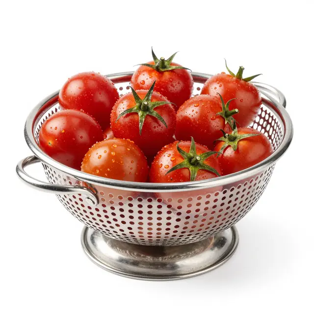 Wet freshly washed cherry tomatoes with water droplets sit in a stainless steel colander against a white background
