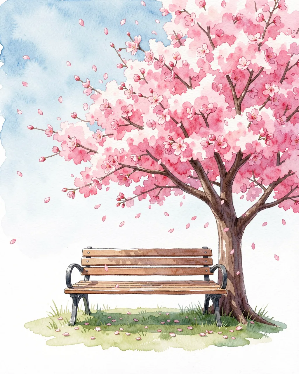 Watercolor illustration of a wooden park bench under a blossoming cherry tree with falling petals and light blue sky.