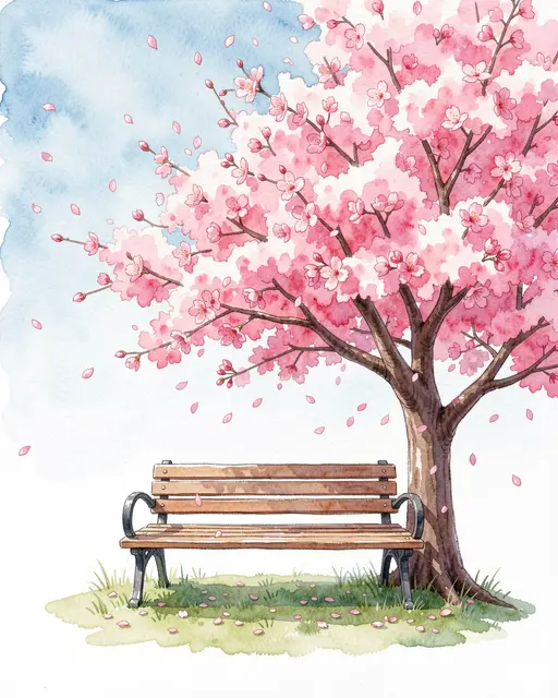 Watercolor illustration of a wooden park bench under a blossoming cherry tree with falling petals and light blue sky.