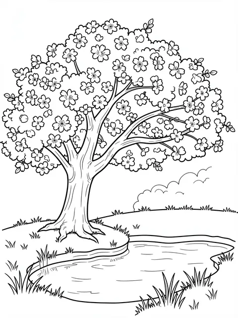 Black and white line art of a flowering cherry tree beside a small pond on a plain white background