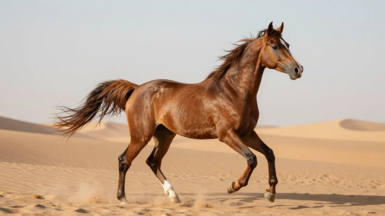 A chestnut Arabian horse trots across sunlit desert sand dunes during golden hour.
