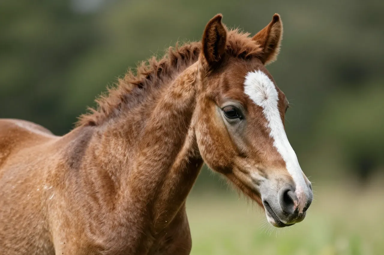 A close-up portrait of a chestnut foal with a white facial marking standing in soft green pasture.