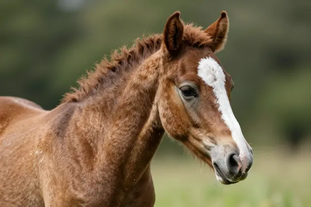 A close-up portrait of a chestnut foal with a white facial marking standing in soft green pasture.