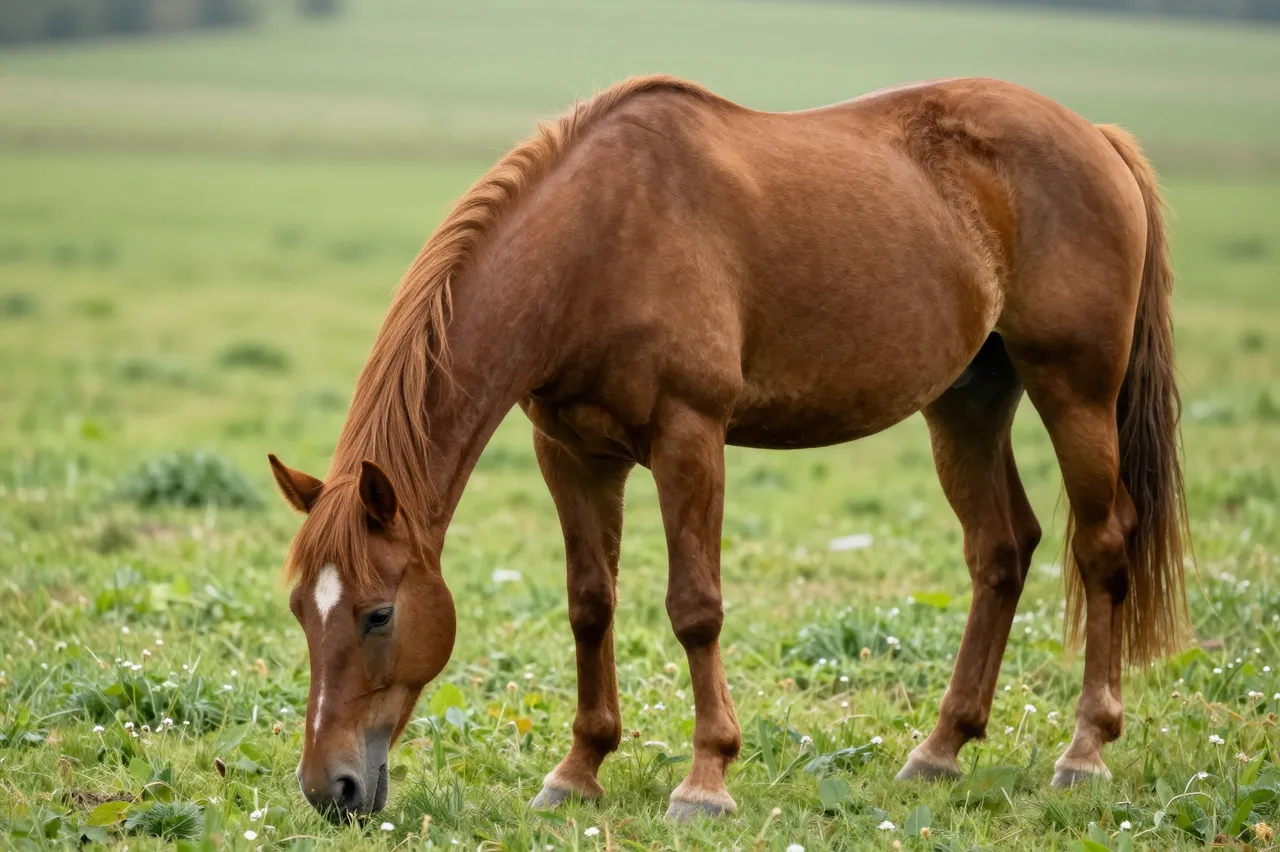 A chestnut horse with a white forehead marking grazes on lush green pasture grass.