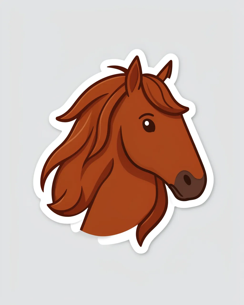 Die-cut sticker illustration of a chestnut horse head with flowing mane on a plain light gray background