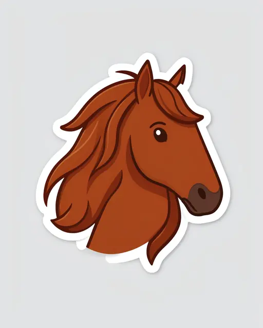 Die-cut sticker illustration of a chestnut horse head with flowing mane on a plain light gray background