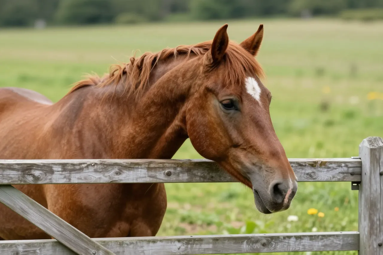 A chestnut horse with a white forehead marking rests its head over a weathered wooden pasture gate in a grassy summer meadow.