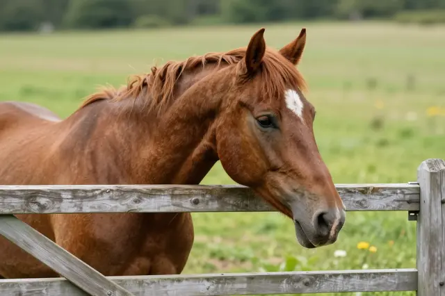 A chestnut horse with a white forehead marking rests its head over a weathered wooden pasture gate in a grassy summer meadow.
