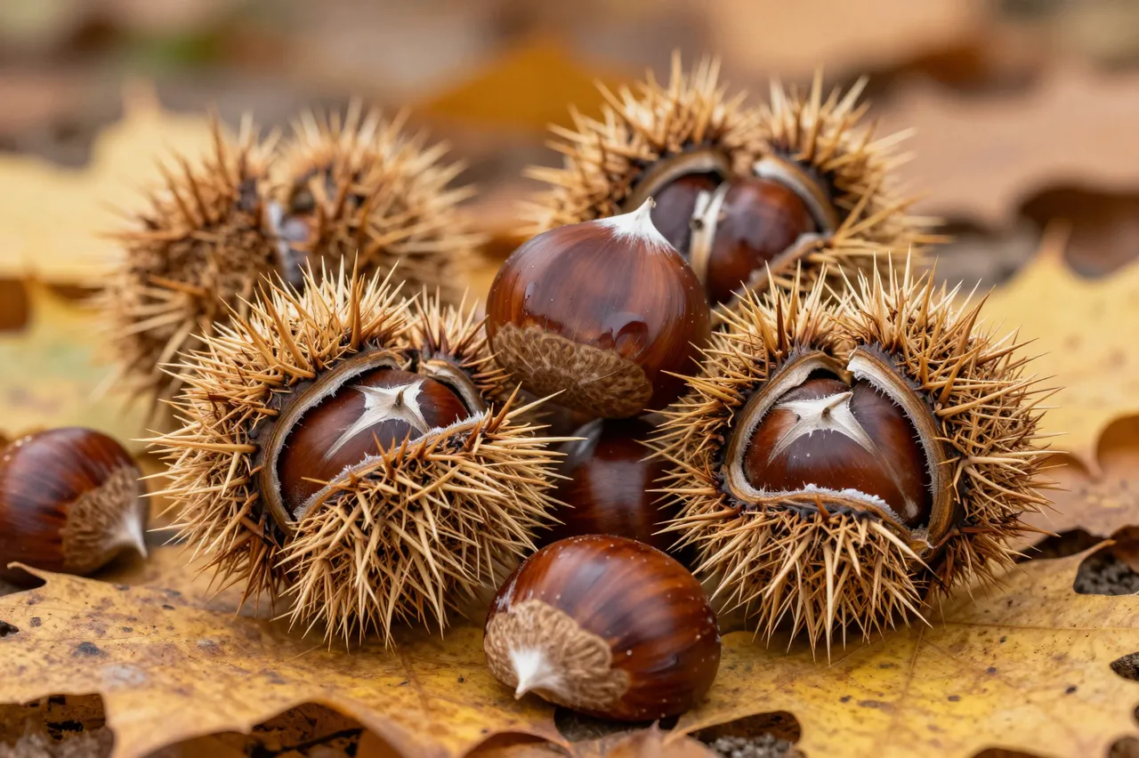 Spiky chestnut husks and peeled chestnuts rest atop dry golden fallen autumn leaves on a forest floor