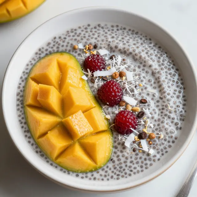 Top view of a bowl of chia pudding topped with fresh mango, raspberries and coconut flakes on a light countertop.
