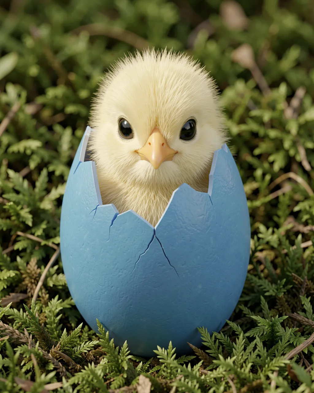 Fluffy yellow chick peeks out from a cracked blue Easter egg resting on green moss