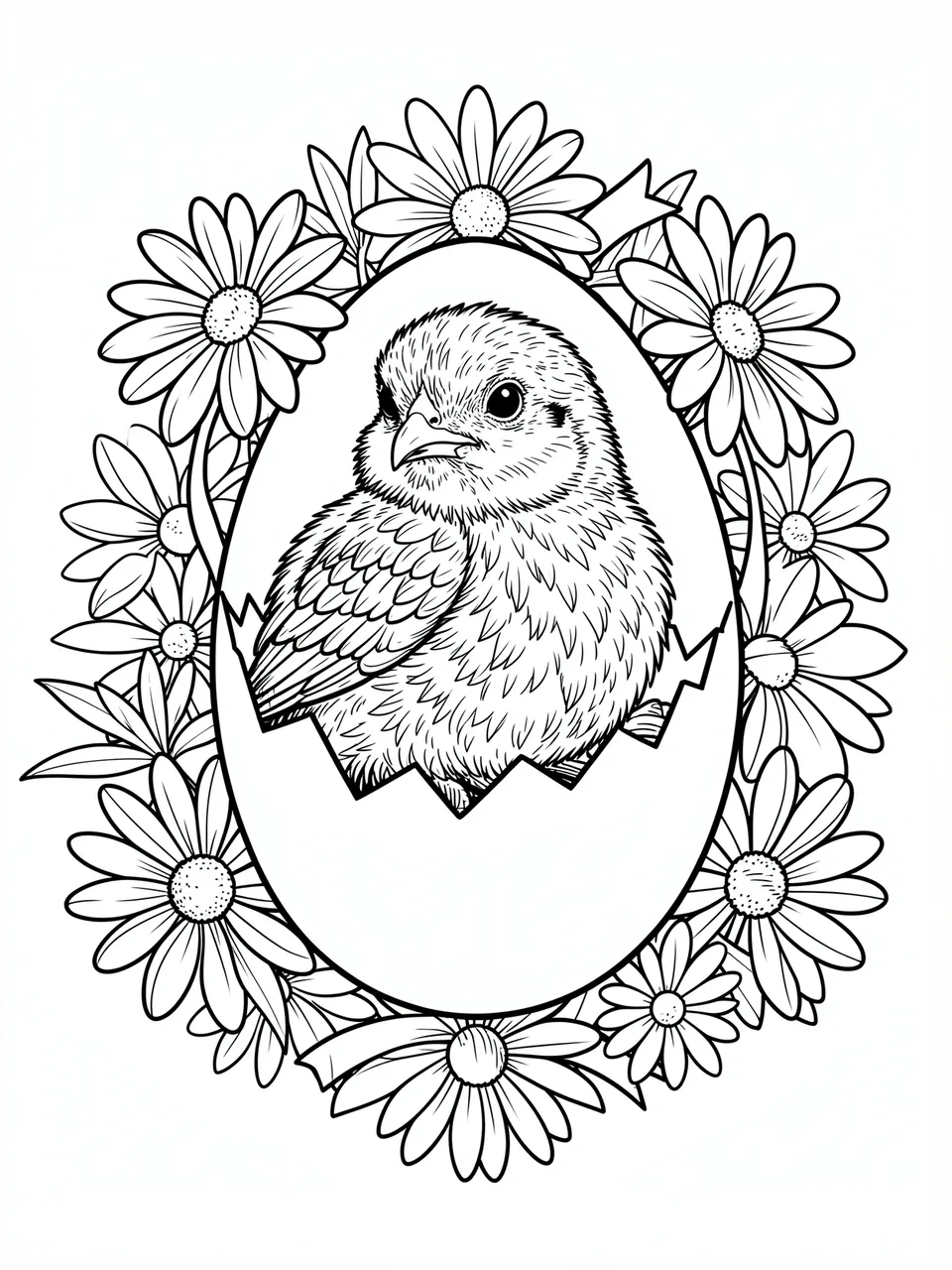 Black and white line art of a chick in a cracked egg framed by daisies, designed as a coloring page