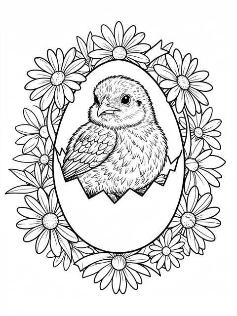 Black and white line art of a chick in a cracked egg framed by daisies, designed as a coloring page