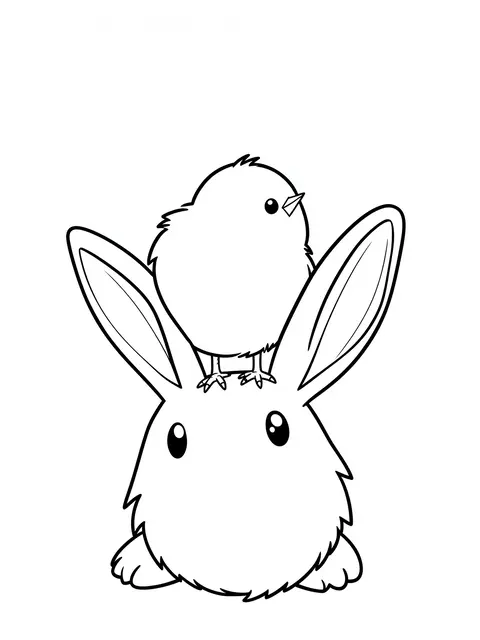 Black and white line art of a small chick perched on top of a sitting bunny's head