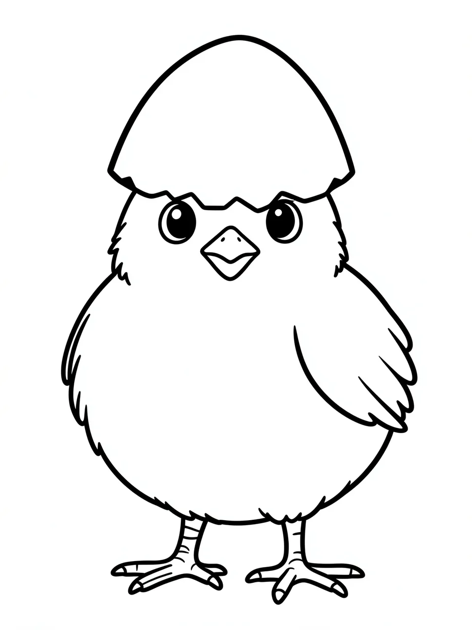Bold black and white line art of a chick wearing a half eggshell as a hat on a plain white background