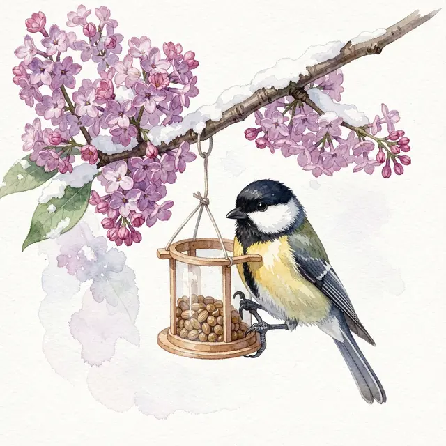 Watercolor illustration of a great tit chickadee perched next to a seed feeder hanging from a snow-dusted lilac branch
