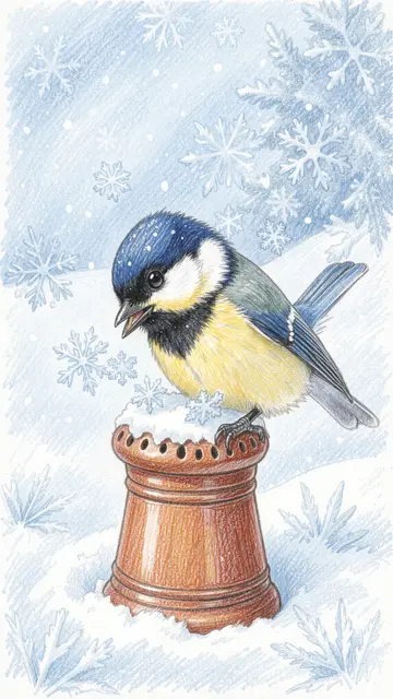 Colored pencil drawing of a small songbird perched on a frosty thimble as snowflakes fall around it