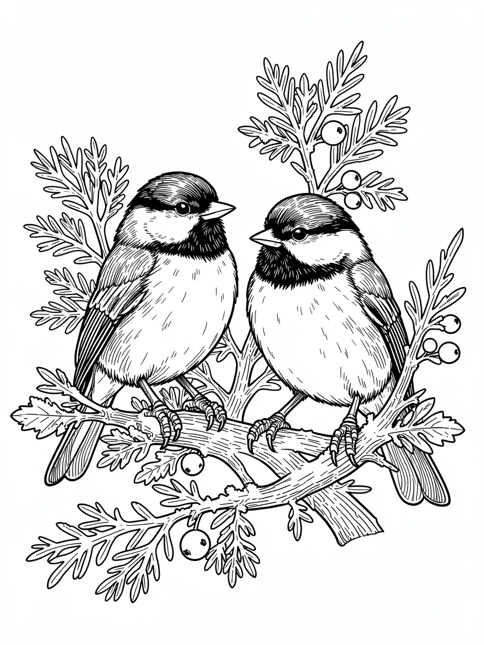 Black and white line art of two chickadees perched on a berry-adorned frosted branch against a plain white background.