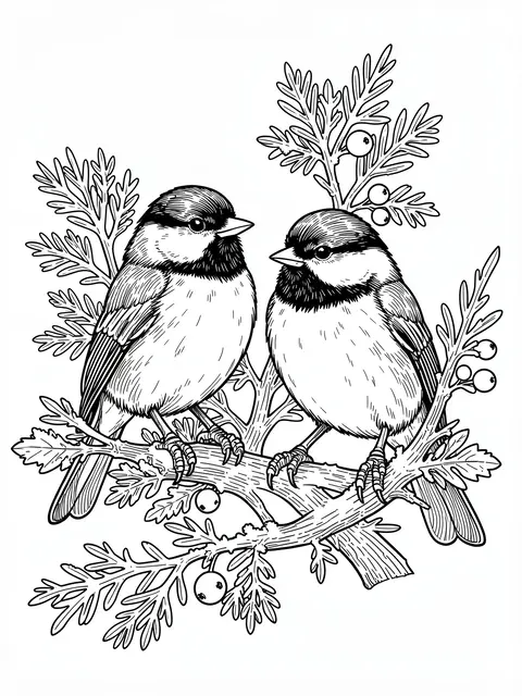 Black and white line art of two chickadees perched on a berry-adorned frosted branch against a plain white background.