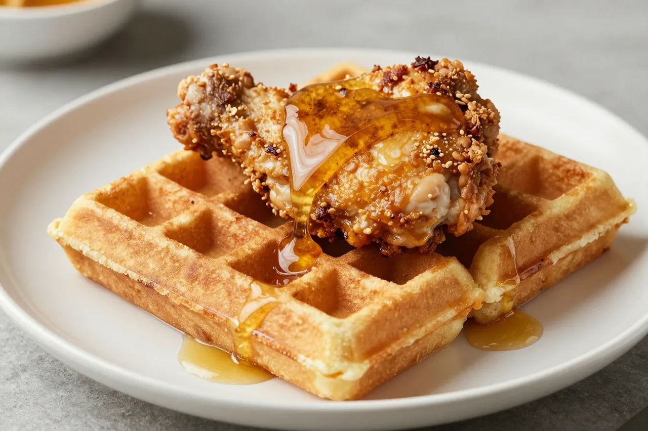 Fried chicken resting on golden waffles with drizzling hot honey on a white plate