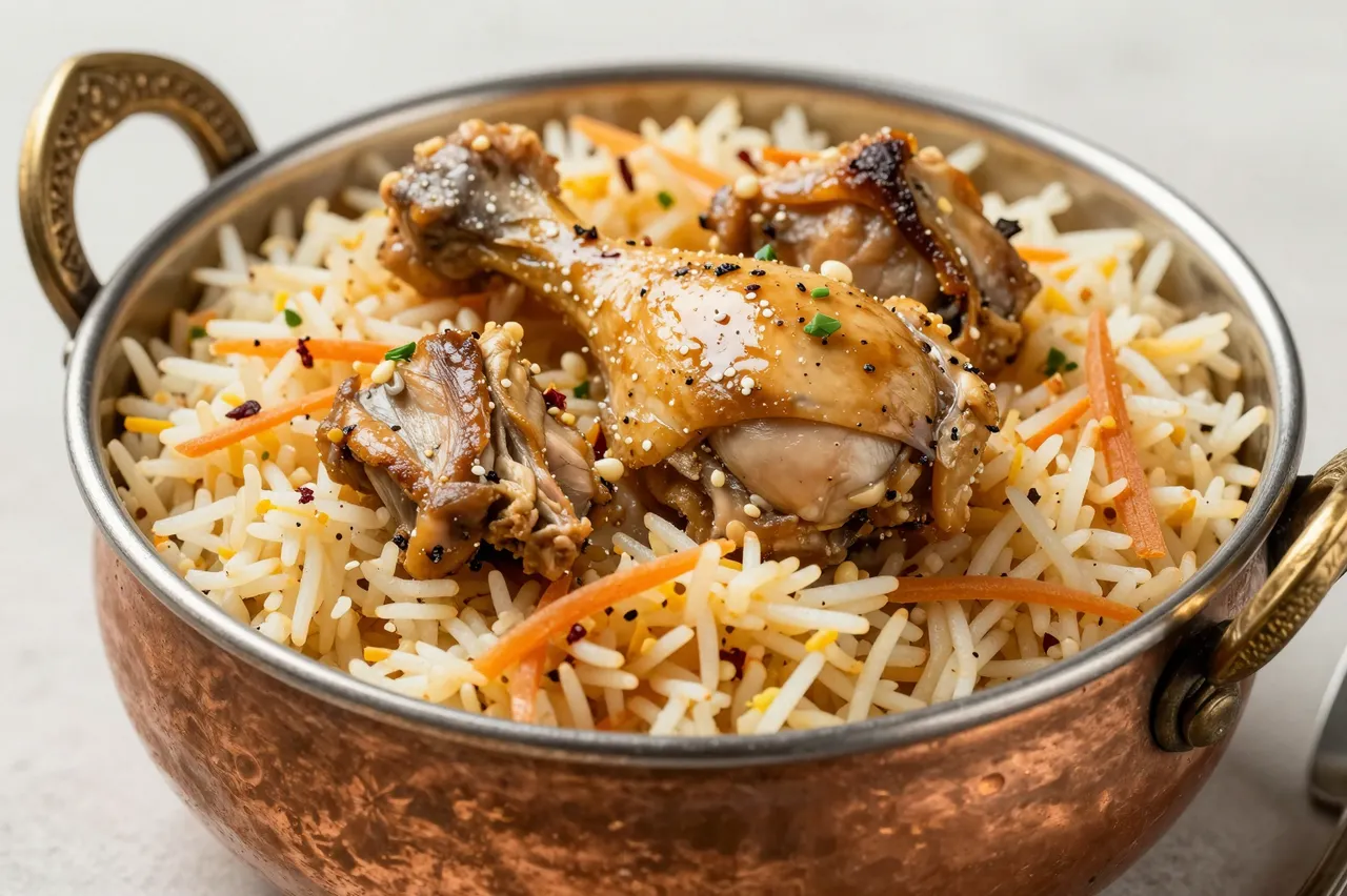Serving of spiced chicken biryani with basmati rice in a hammered copper serving pot on a light neutral countertop