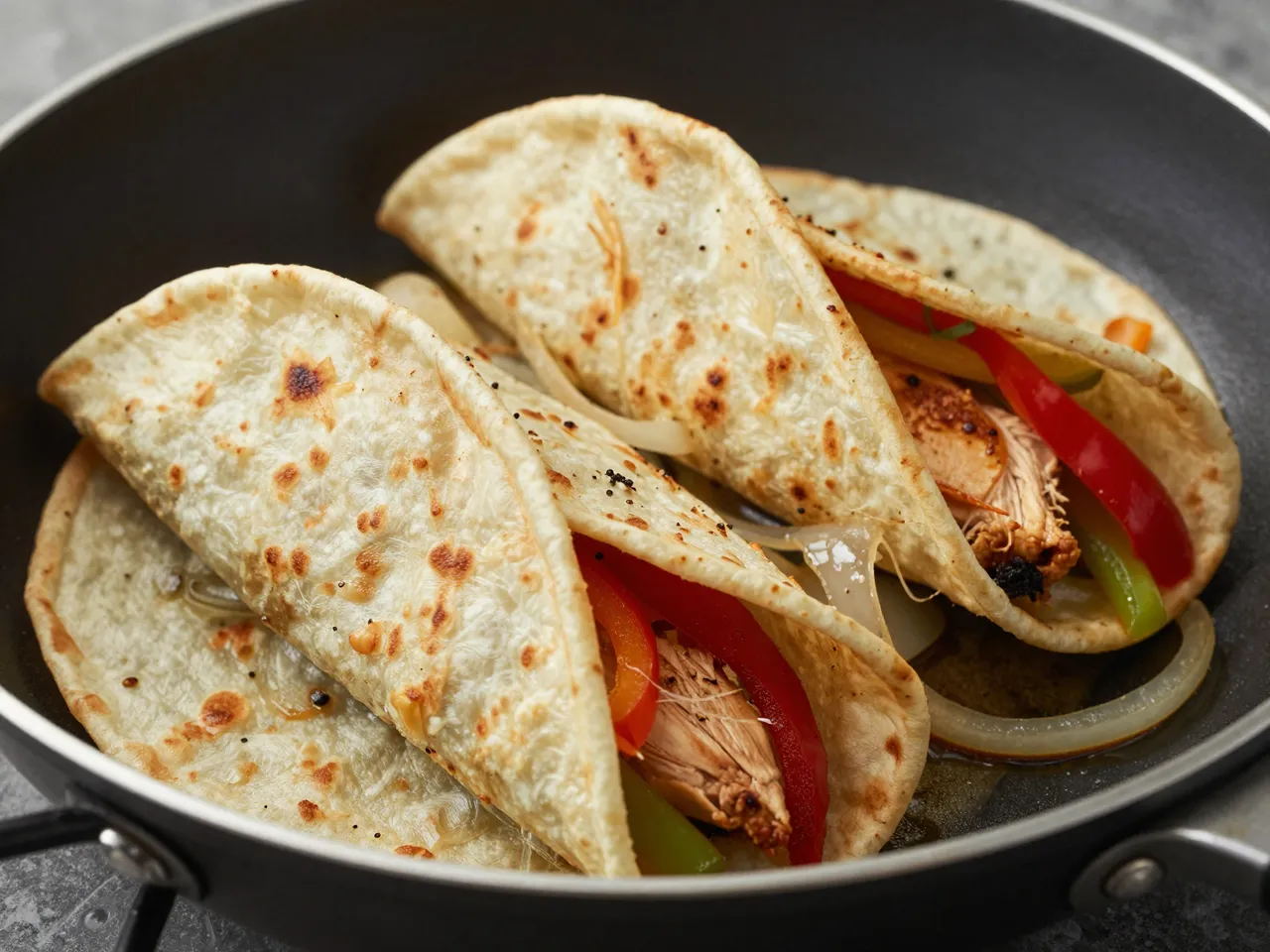 Folded tortillas filled with spiced chicken, bell peppers and onions sit inside a nonstick frying pan.