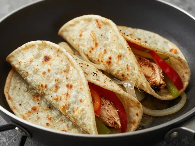 Folded tortillas filled with spiced chicken, bell peppers and onions sit inside a nonstick frying pan.