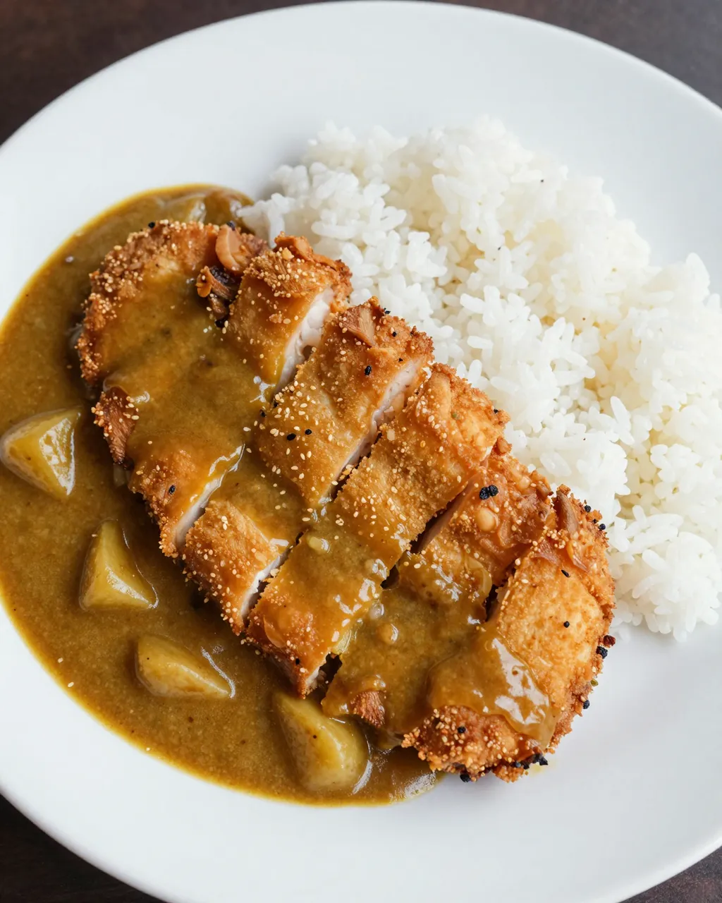 Top-down view of crispy sliced chicken katsu, thick curry sauce, and white rice served on a white plate