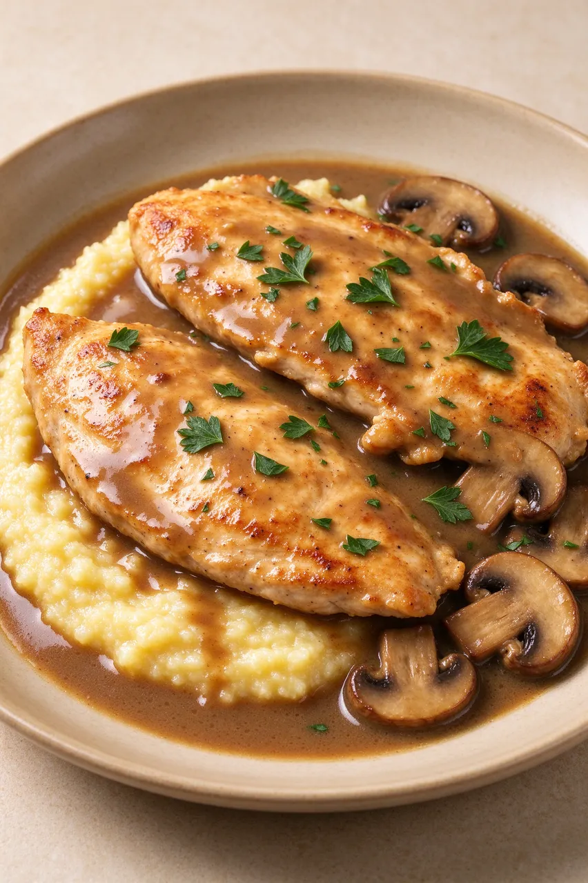 Plated chicken marsala with seared cutlets, mushroom sauce, creamy polenta, and fresh parsley