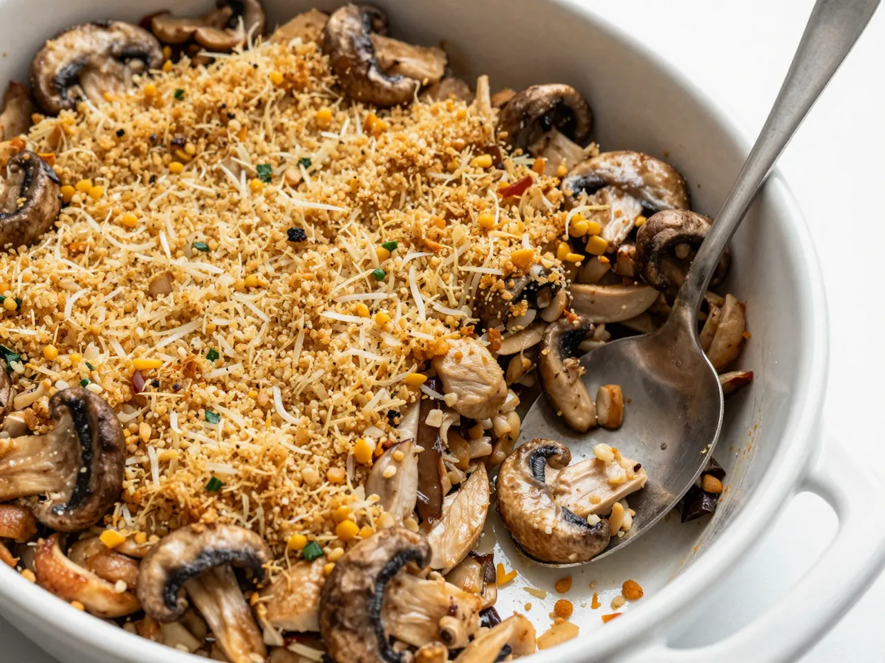 Overhead close-up of a baked chicken and wild rice casserole with mushrooms, breadcrumb topping, and a metal serving spoon