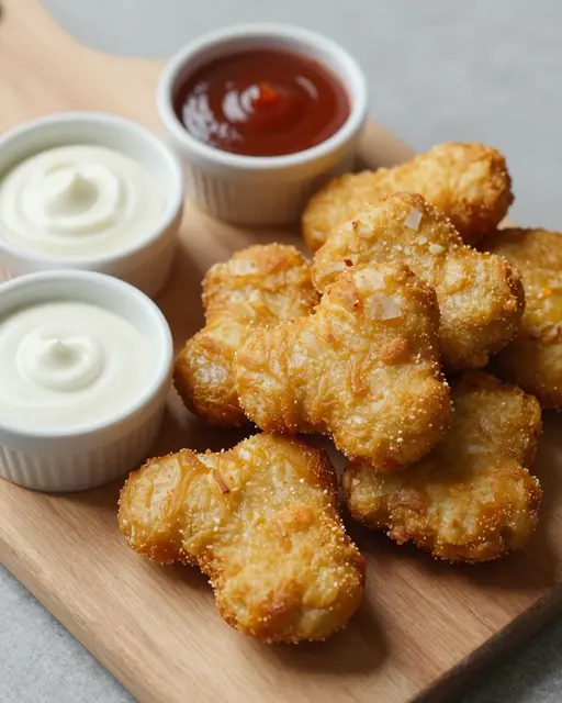 Breaded fried nuggets and three small bowls of dipping sauce sit arranged on a wooden serving board