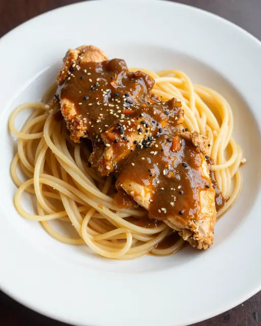 A plated serving of spaghetti with sauced chicken and sesame seeds rests on a white plate.