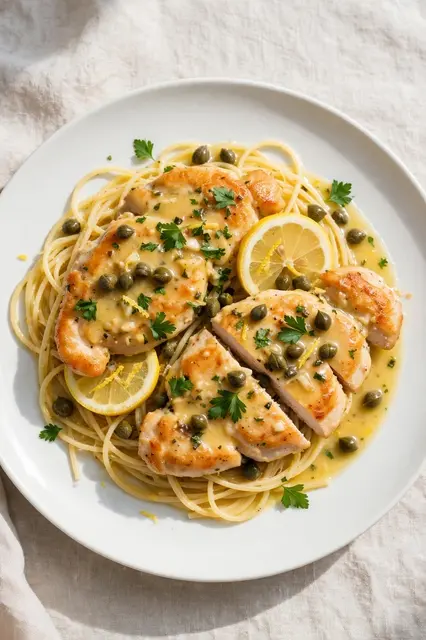 Top view of chicken piccata with spaghetti, lemon, capers and parsley on a white plate over linen