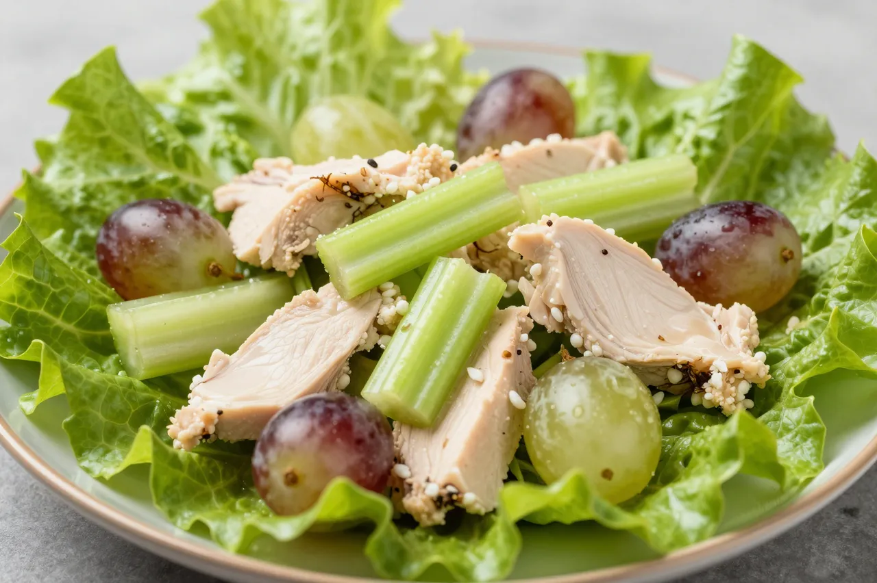 A plated chicken salad with celery stalks, grapes, and tender chicken pieces arranged on fresh lettuce leaves.