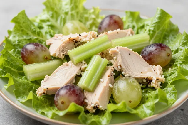 A plated chicken salad with celery stalks, grapes, and tender chicken pieces arranged on fresh lettuce leaves.