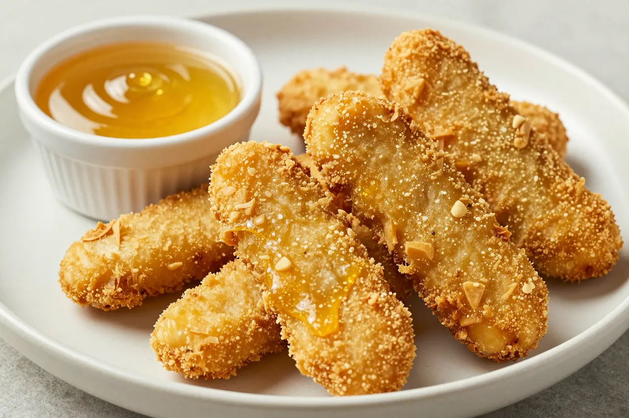 Breaded chicken tenders arranged on a white plate next to a small bowl of golden honey dip