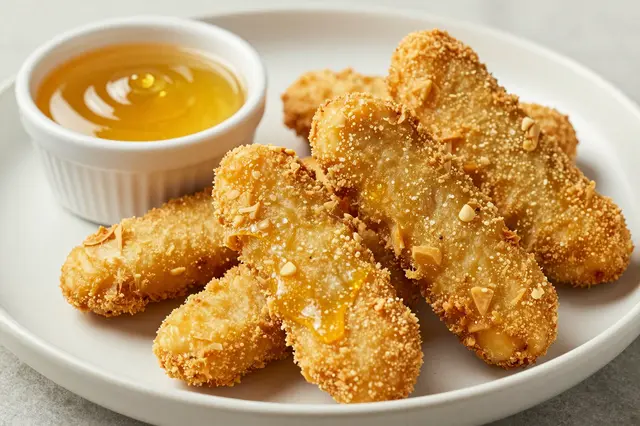 Breaded chicken tenders arranged on a white plate next to a small bowl of golden honey dip