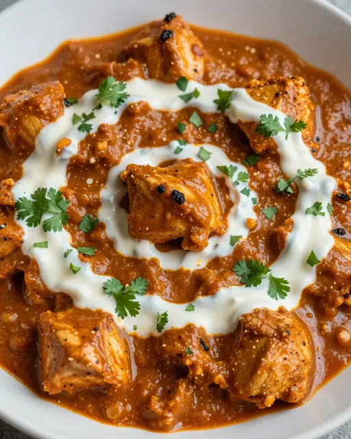 Close-up of chicken tikka masala topped with a cream swirl and fresh cilantro in a light bowl