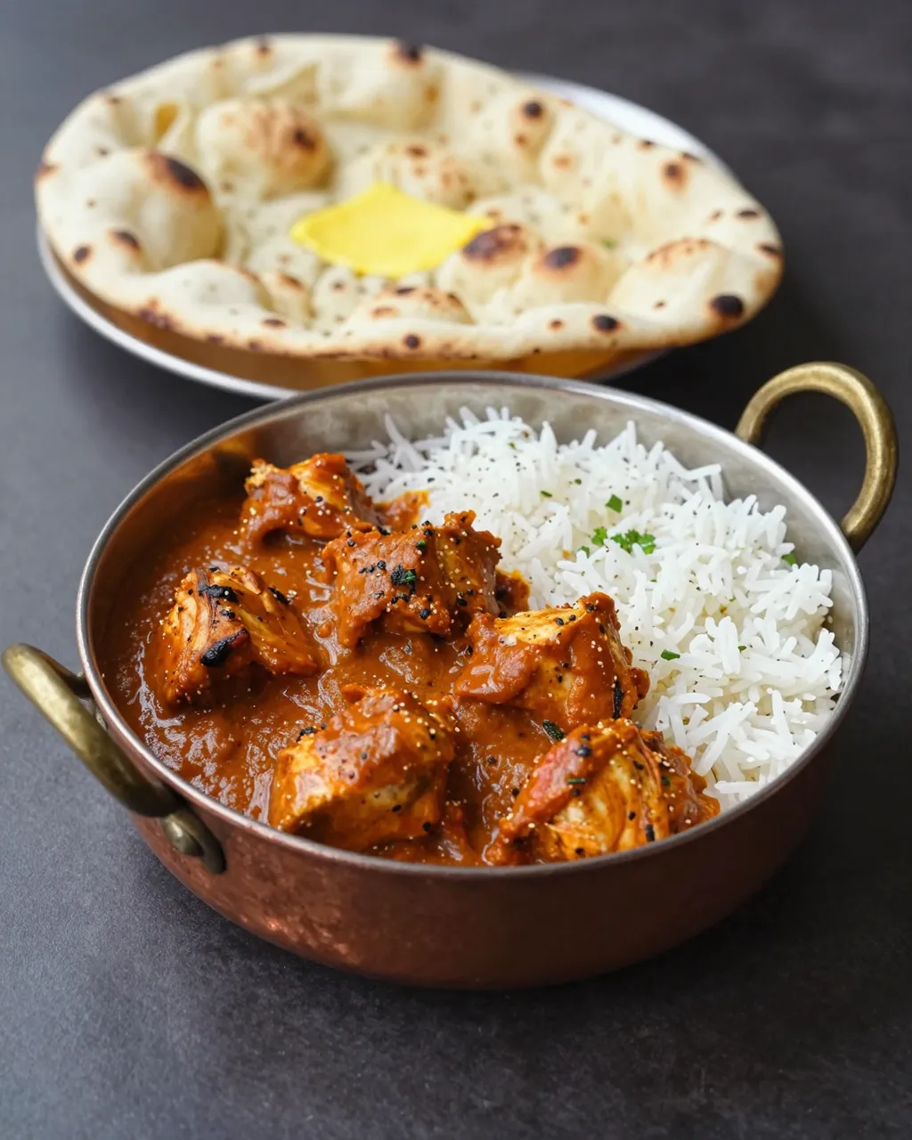 Copper pot of chicken tikka masala with basmati rice sits beside buttery naan on a dark table.