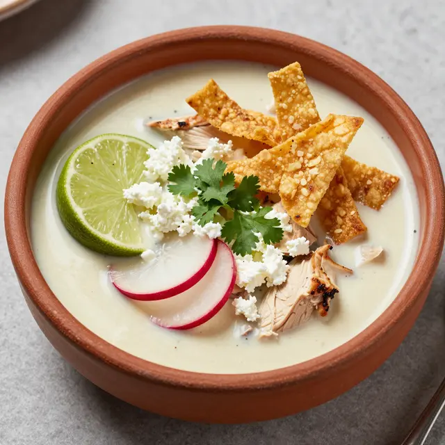 Overhead view of red clay bowl holding creamy chicken tortilla soup topped with fresh garnishes