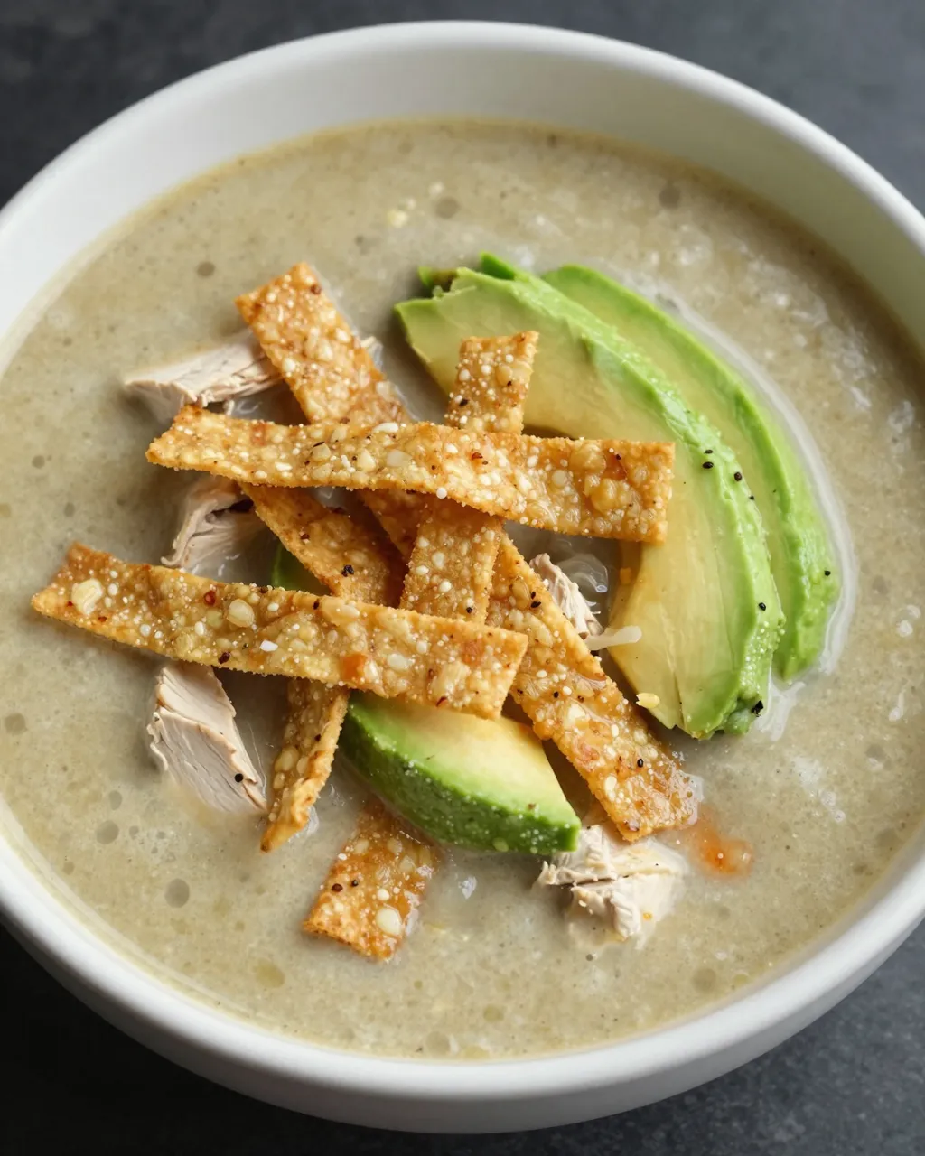 Top-down view of a white bowl of creamy chicken tortilla soup topped with avocado slices and crispy tortilla strips