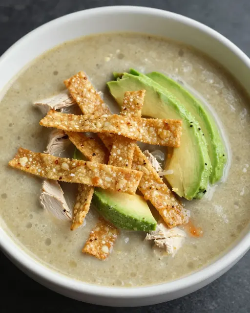 Top-down view of a white bowl of creamy chicken tortilla soup topped with avocado slices and crispy tortilla strips