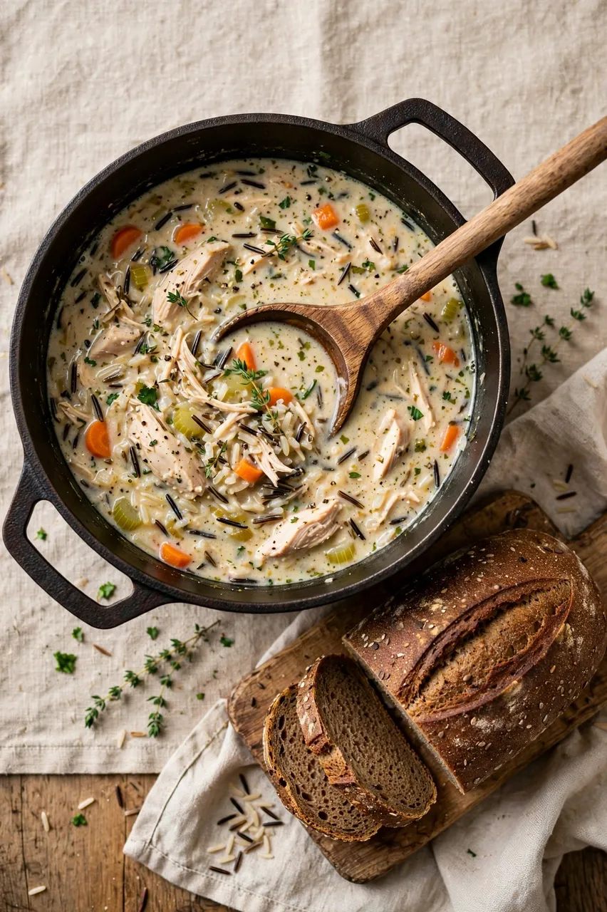 Overhead view of creamy chicken wild rice soup in a cast iron pot with rye bread and a wooden ladle
