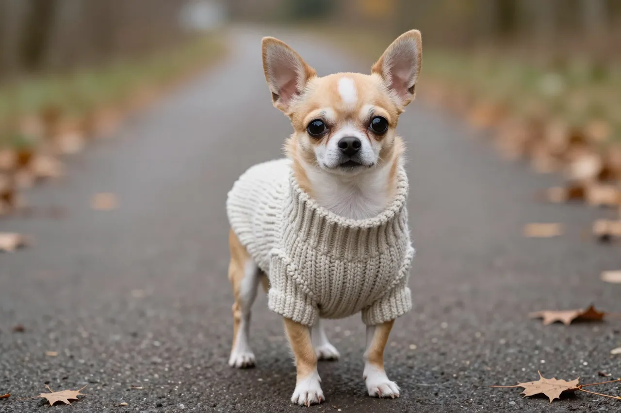 A short-haired chihuahua wearing a cream knitted turtleneck sweater stands on a paved autumn path