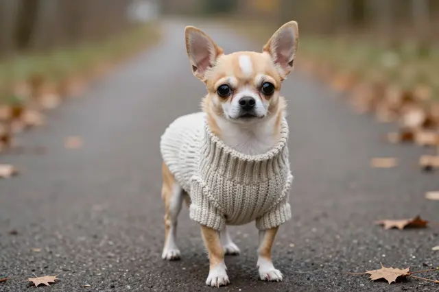 A short-haired chihuahua wearing a cream knitted turtleneck sweater stands on a paved autumn path