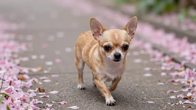 A fawn Chihuahua walks toward the camera on a paved path scattered with fallen pink flower petals.